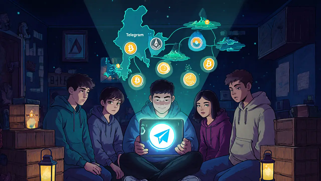 Cartoon teens using Telegram in a dim room, surrounded by floating crypto coins.