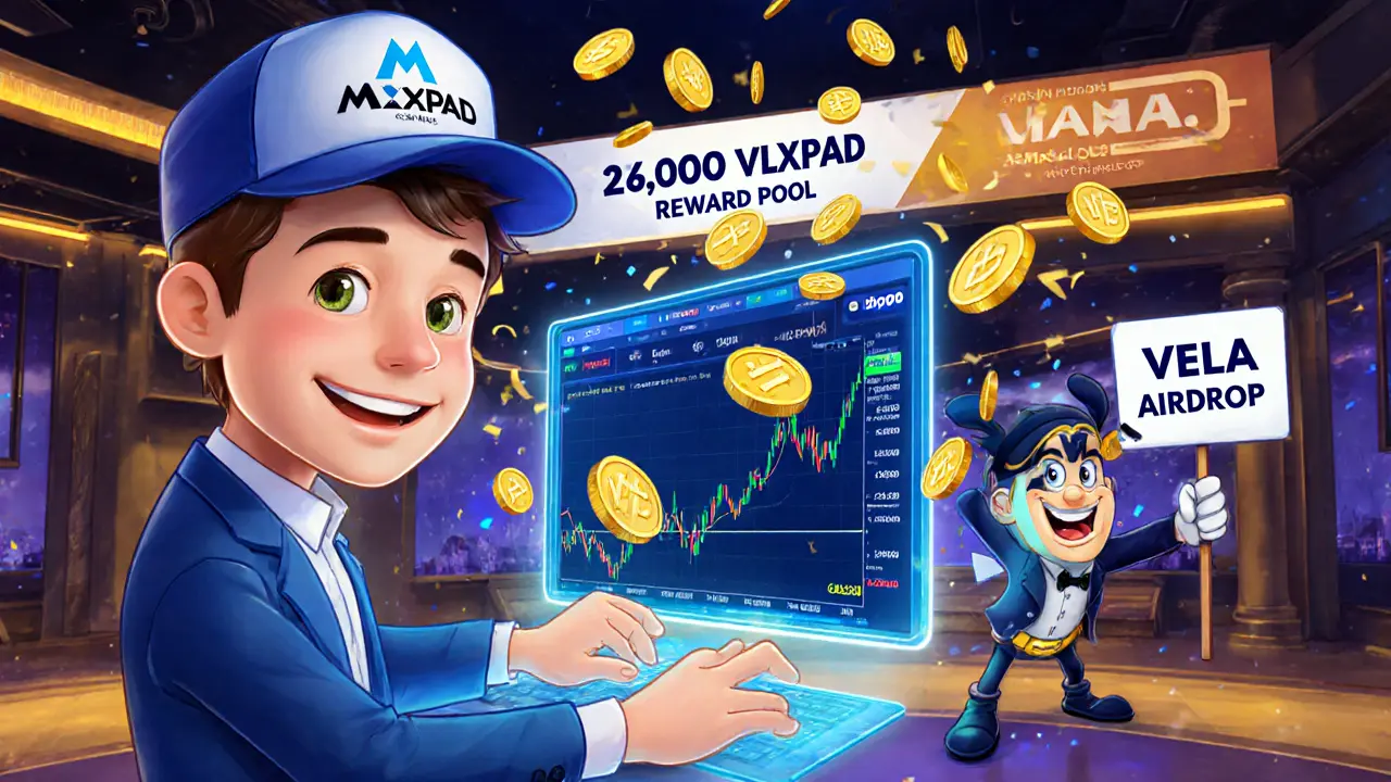 Cartoon trader receiving VLXPAD rewards amid a token rain at MEXC.