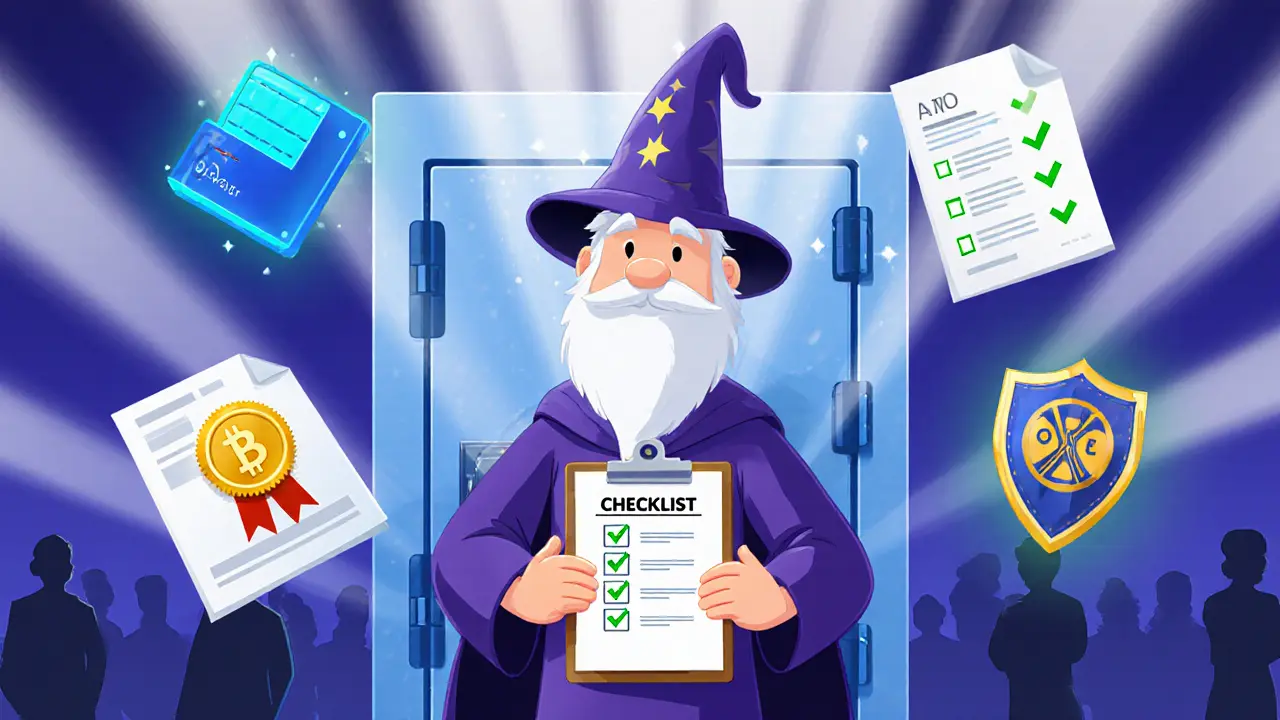Compliance wizard with checklist, hardware wallet, and regulatory icons.