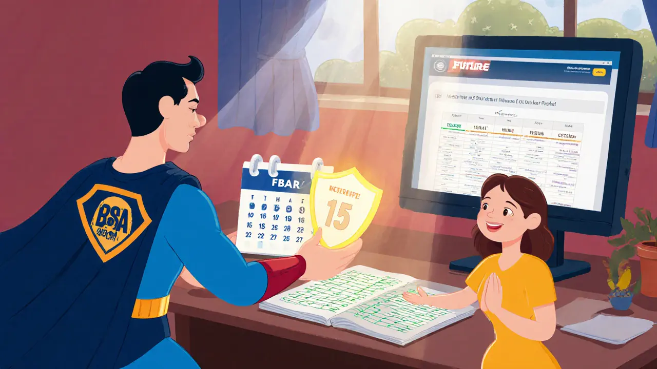 Desk with spreadsheet, calendar deadline, filing portal screen, compliance superhero handing a shield to a user.