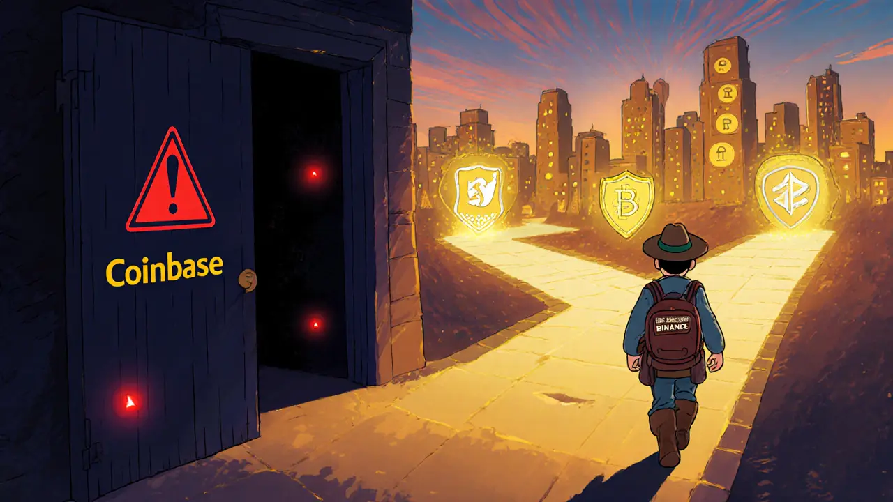 Explorer leaves ominous Buff Network doorway toward bright cities representing safe crypto exchanges.