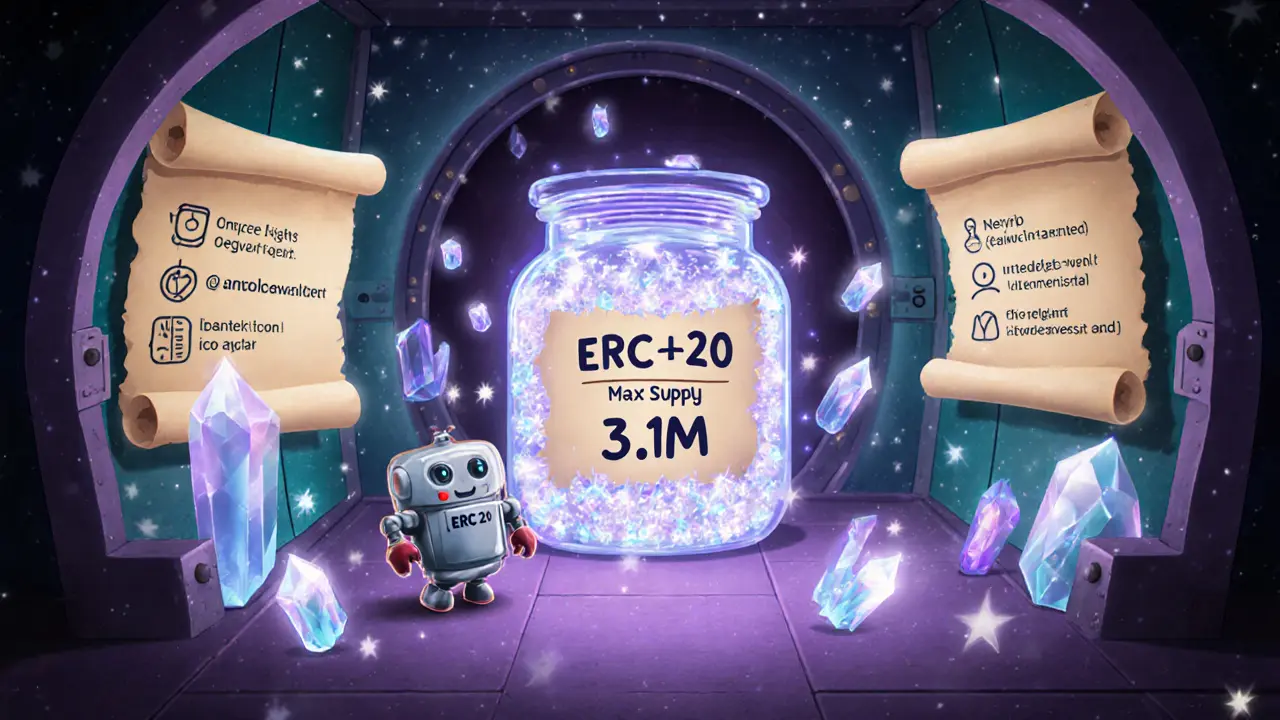 Playful vault with a robot showing SUMMER token specs and a max supply jar.