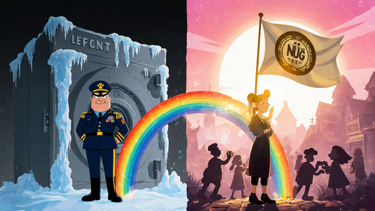 Split Disney illustration showing military enforcement versus hopeful NUG USDT banner.