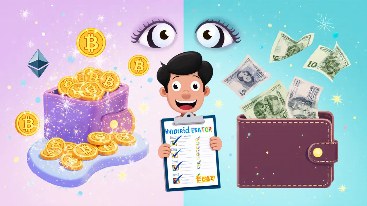 Split scene of pure crypto wallet with coins versus hybrid wallet with coins and fiat bills, tax advisor checking a list.