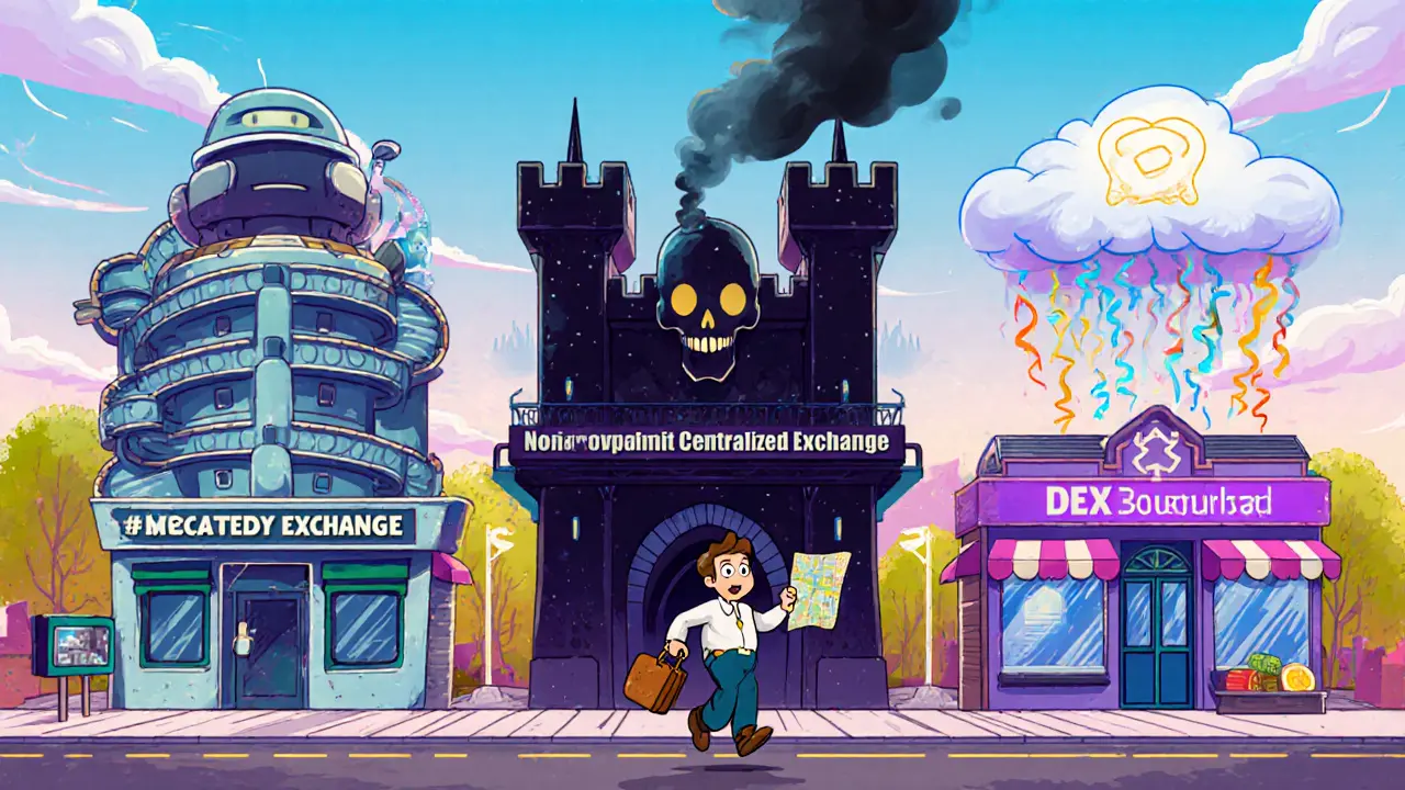 Three cartoon exchange buildings: nested robot, shady fortress, and cloud DEX.