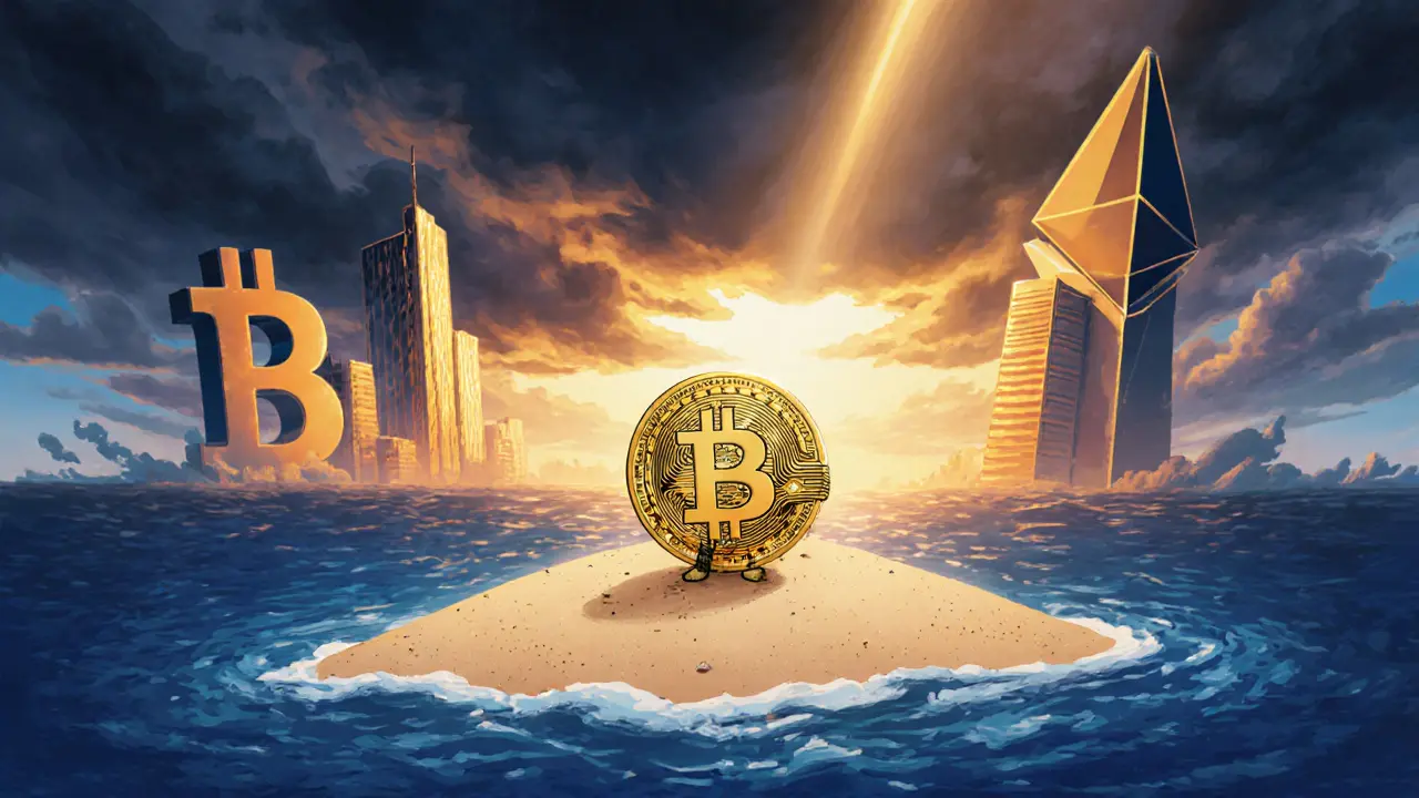 Tiny SUMMER token on a small island beneath storm clouds with distant Bitcoin and Ethereum towers.