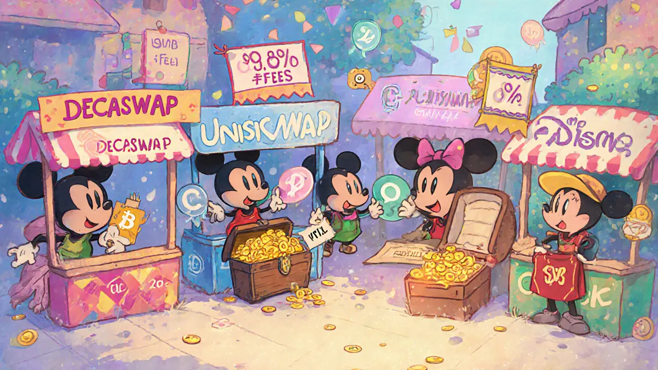 Cartoon marketplace stalls compare Decaswap and other DEXs, showing fee banners and treasure chests for TVL.