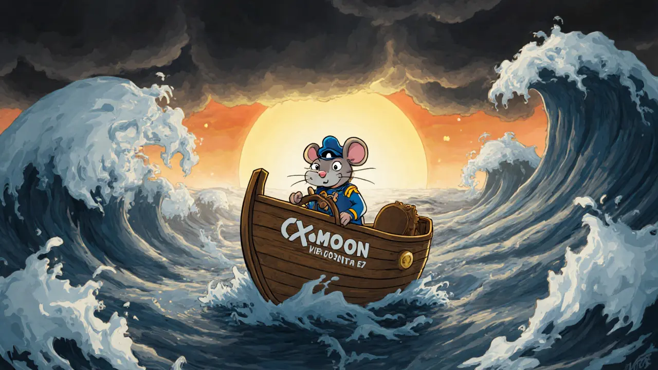 Disney-style image of a small boat named xMOON navigating stormy waves, symbolizing risk.