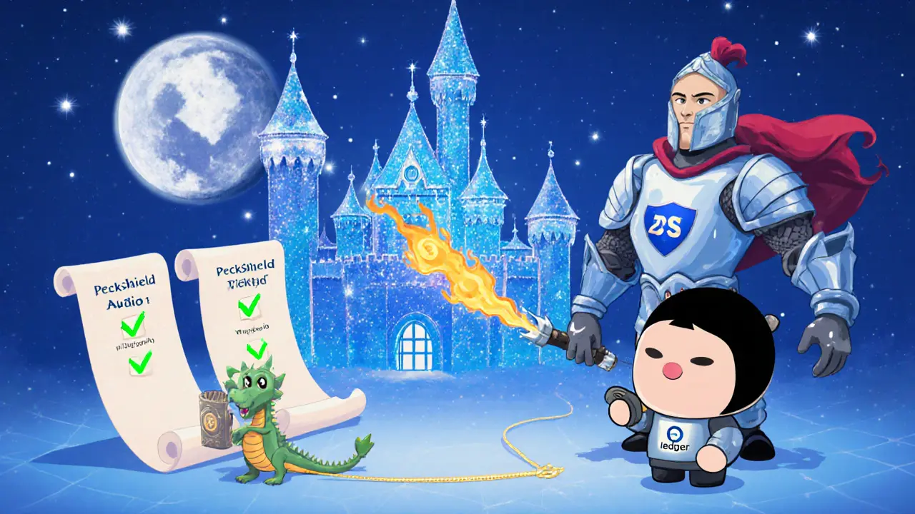 Disney‑style knight guards Decaswap castle with audit scrolls, bug bounty dragon, and hardware wallet user.