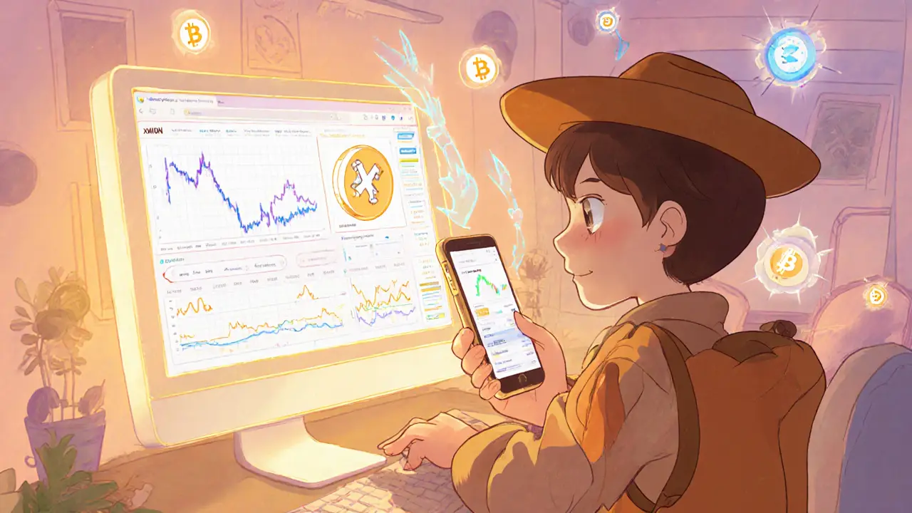 Disney-style scene of a character trading xMOON on OKX and a DEX via computer and phone.