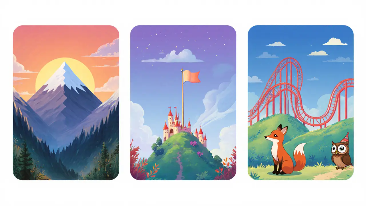 Disney-style storyboard showing an ascending triangle mountain, a flag castle, and a head‑and‑shoulders roller coaster.