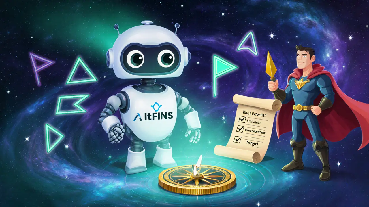 Friendly robot scanning glowing crypto chart patterns while a trader holds a risk‑management scroll in Disney illustration style.