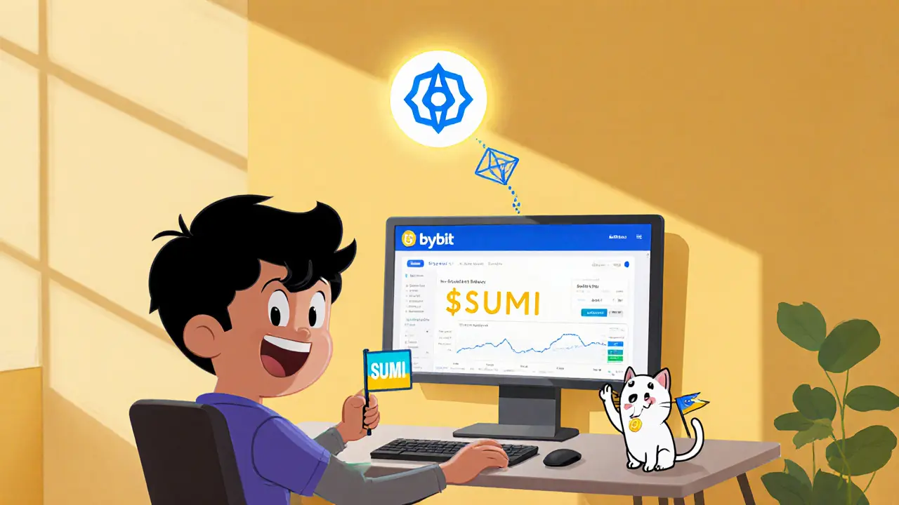 Hero at a desk buying SUMI on Bybit with a cat mascot and MetaMask icon.