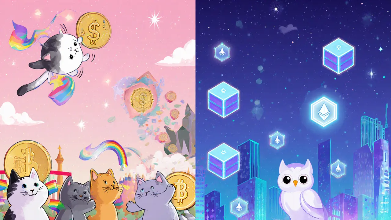 Split scene of playful cat meme world versus futuristic storage network.