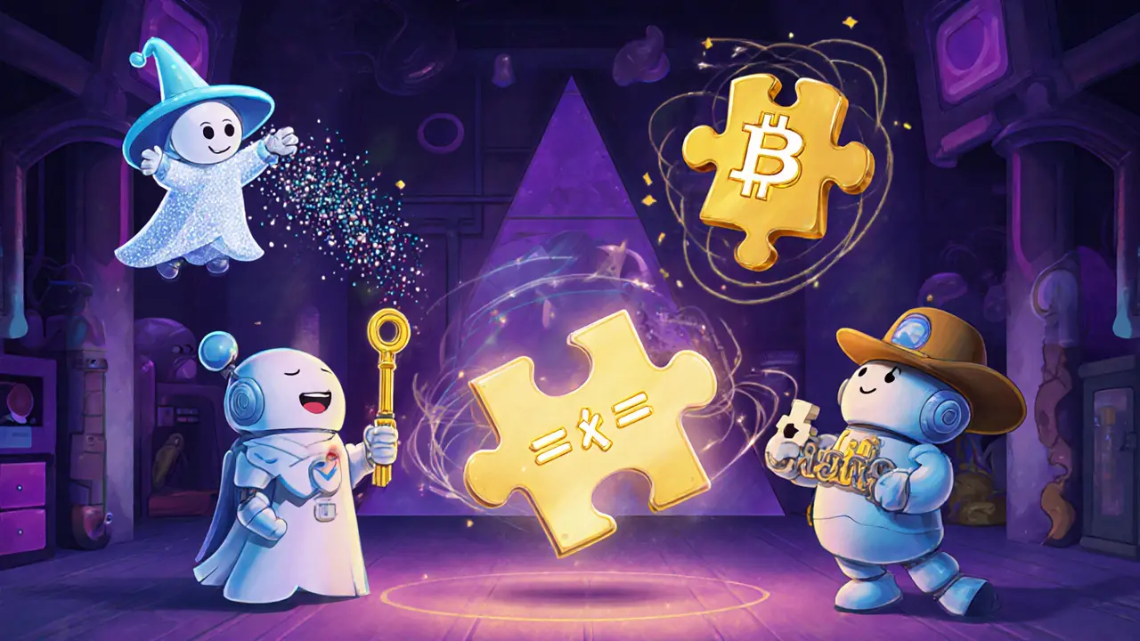Cartoon characters represent ZKP wizard, DID golden key, and SMPC robots sharing a puzzle.