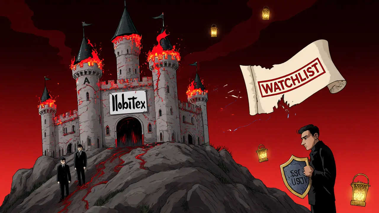 Damaged Nobitex castle emitting red digital fire, with IRGC shadows and sanctions scroll.