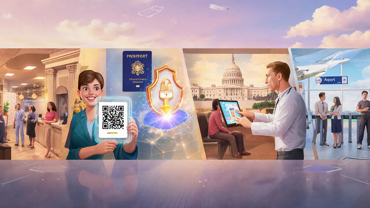 Disney scene shows bank, government, telemedicine, and airport using privacy‑preserving verification.