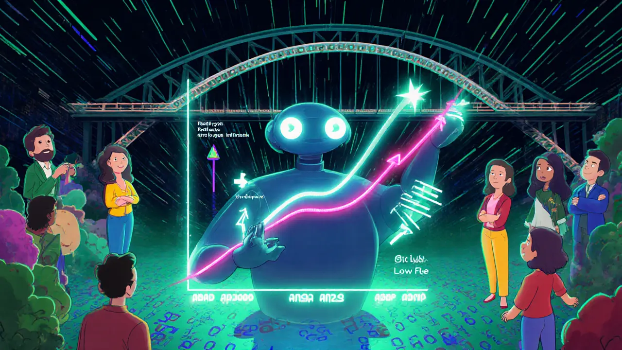 Disney‑style AI character adjusting glowing AMM curve on SynFutures platform.