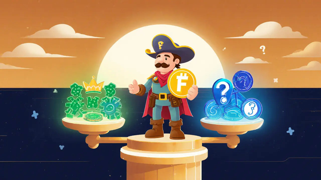 Disney‑style explorer weighing SynFutures and dYdX on a balanced scale.