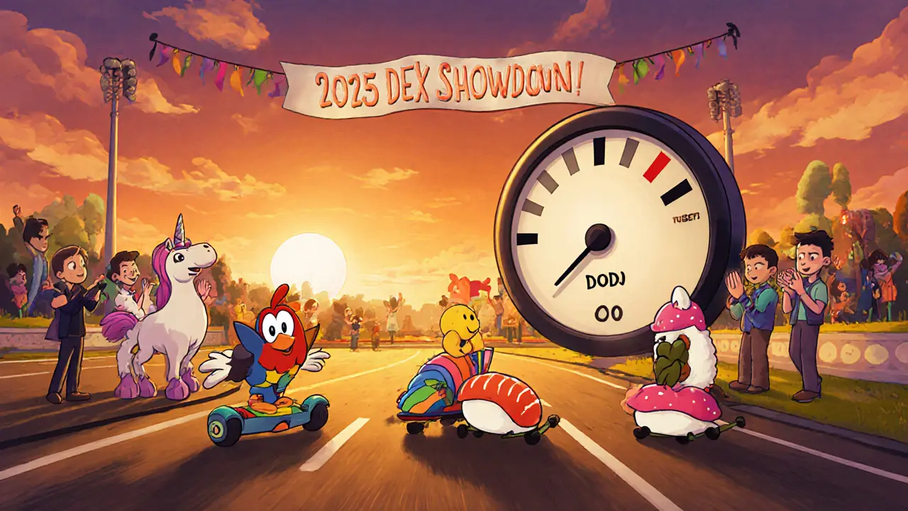 Disney‑style race with DODO bird, Uniswap unicorn, and SushiSwap roll showing low slippage.