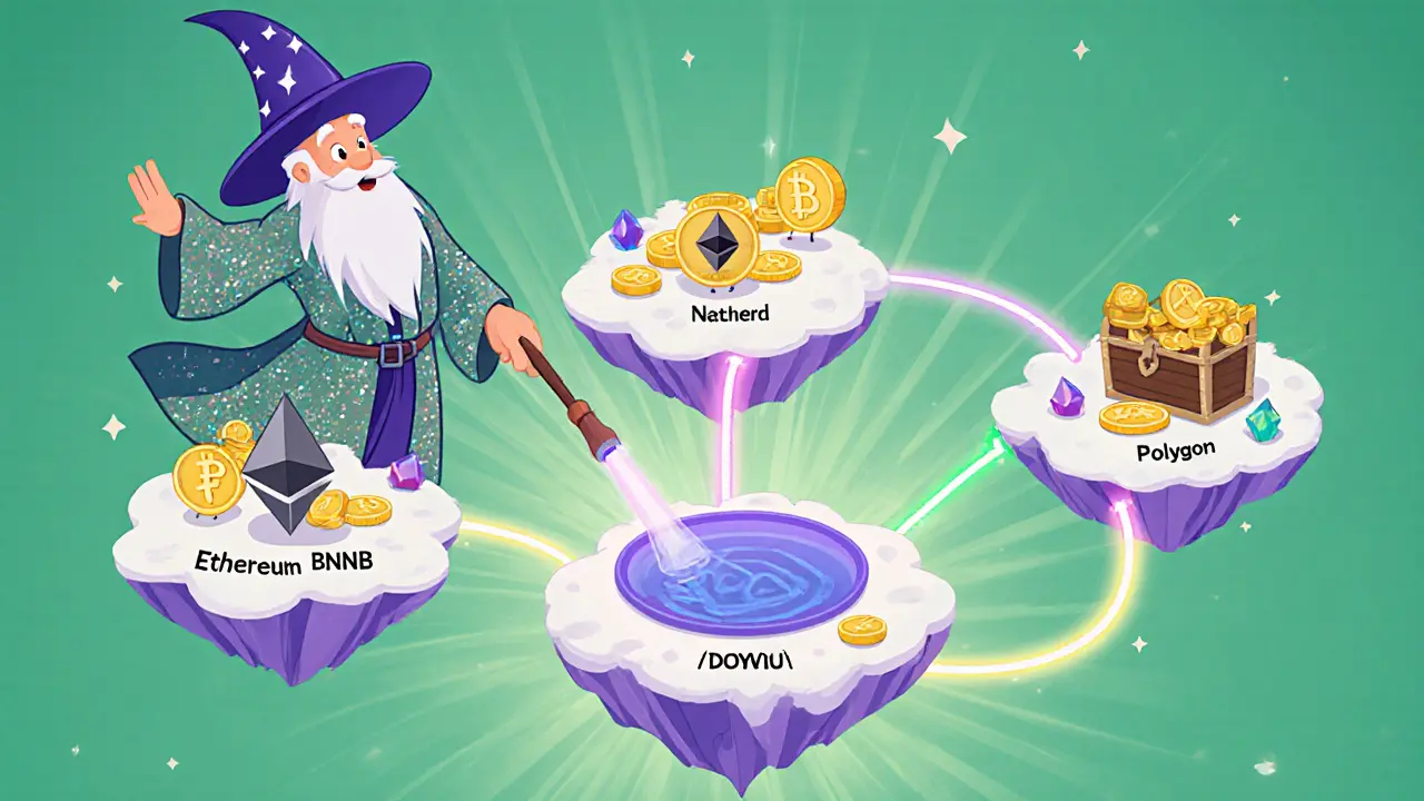 Disney‑style wizard guiding tokens between Ethereum, BNB Chain, and Polygon islands.