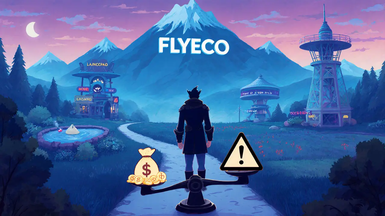 Hero at a misty FLyECO mountain with scales weighing FLY tokens against risk symbols.