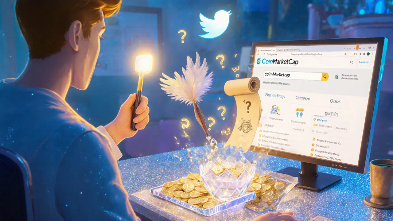 Hero completing a selfie, retweet, and quiz on a magical CoinMarketCap screen, tokens filling a crystal wallet.