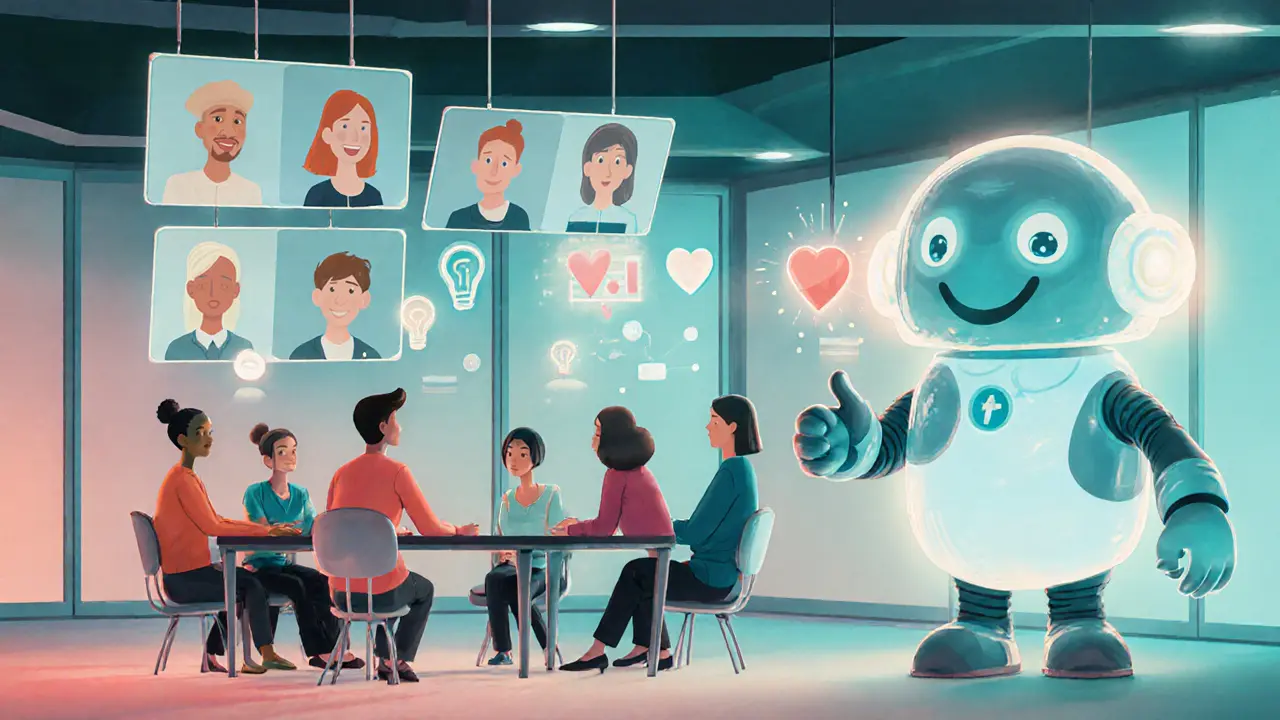 Hybrid workspace with in‑person and remote participants guided by an AI mascot.