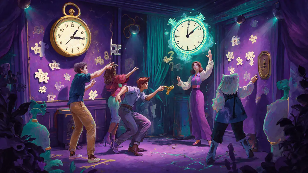 Team members solving puzzles together inside a colorful escape room.