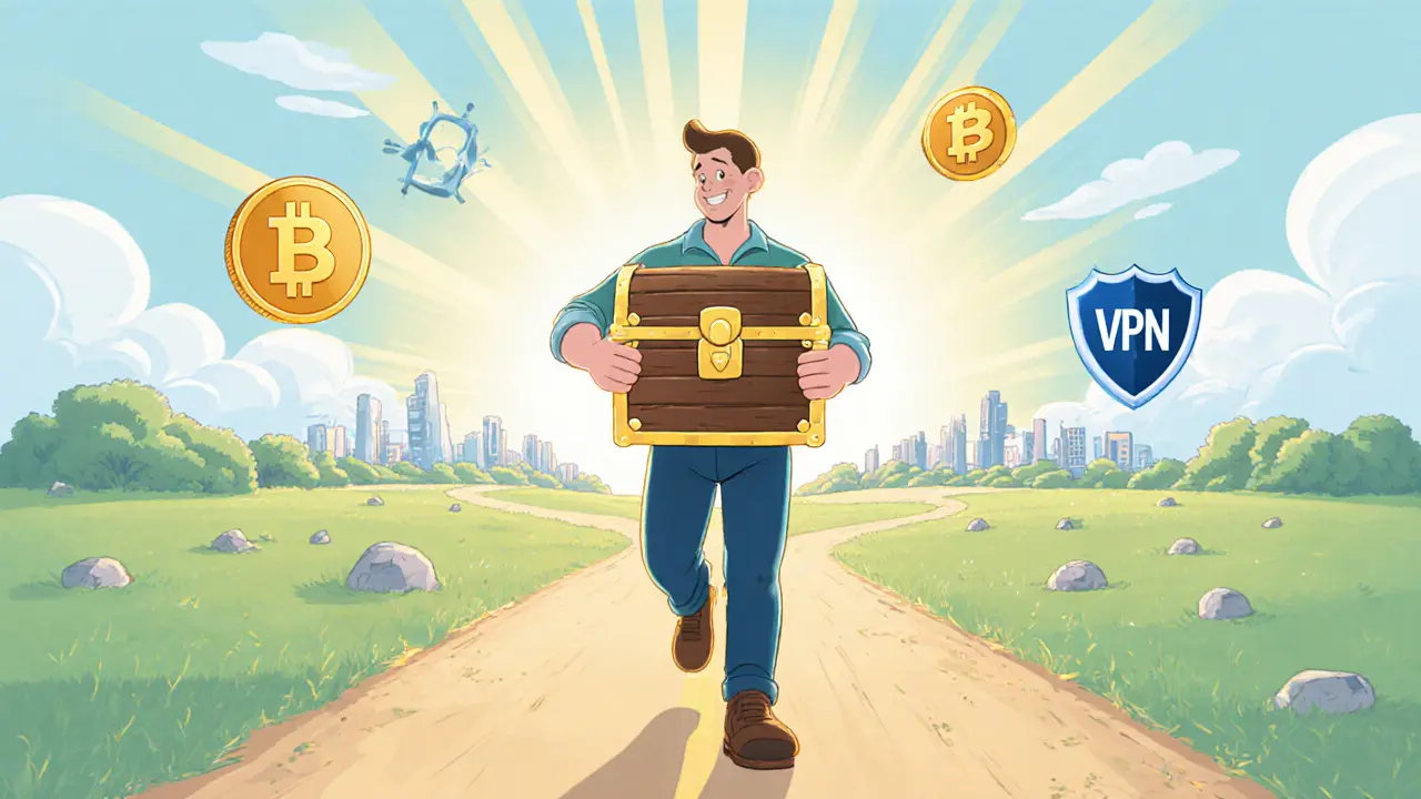 Trader holds a glowing hardware wallet on a sunny road with stablecoin icons.