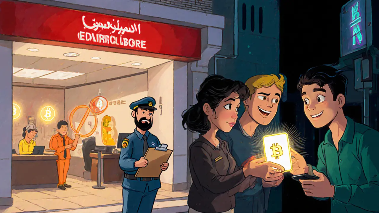 Bank with "No Crypto" sign and guarded interior while youths trade Bitcoin covertly.