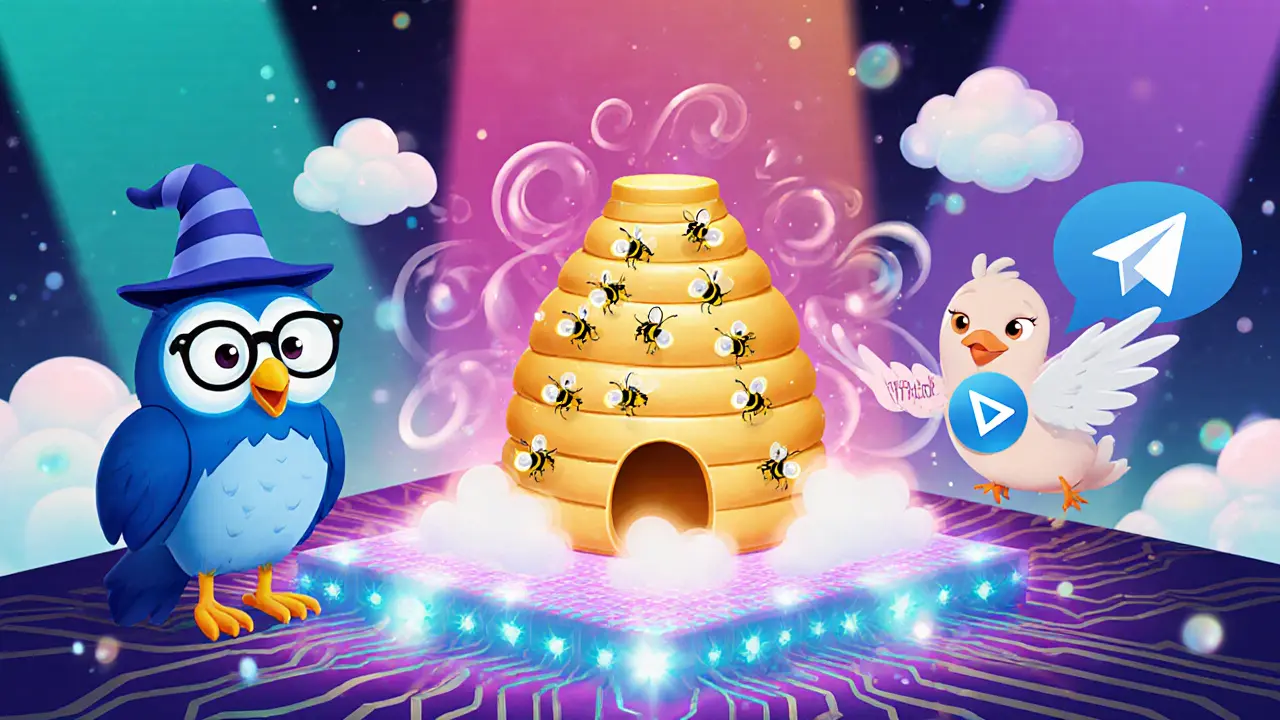 ChatGPT owl, Bittensor bee hive, and Telegram pigeon standing on a glowing circuit board platform.