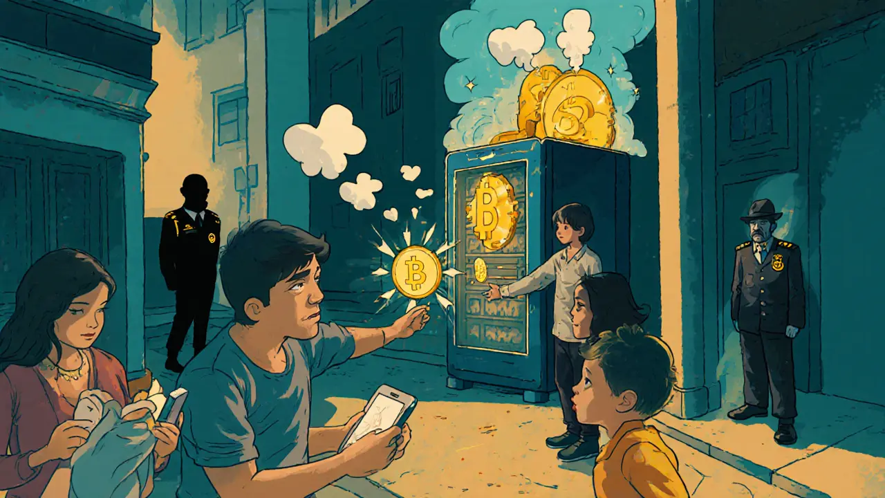 Disney cartoon of Iranians using smartphones with Bitcoin logos and a rooftop mining rig.