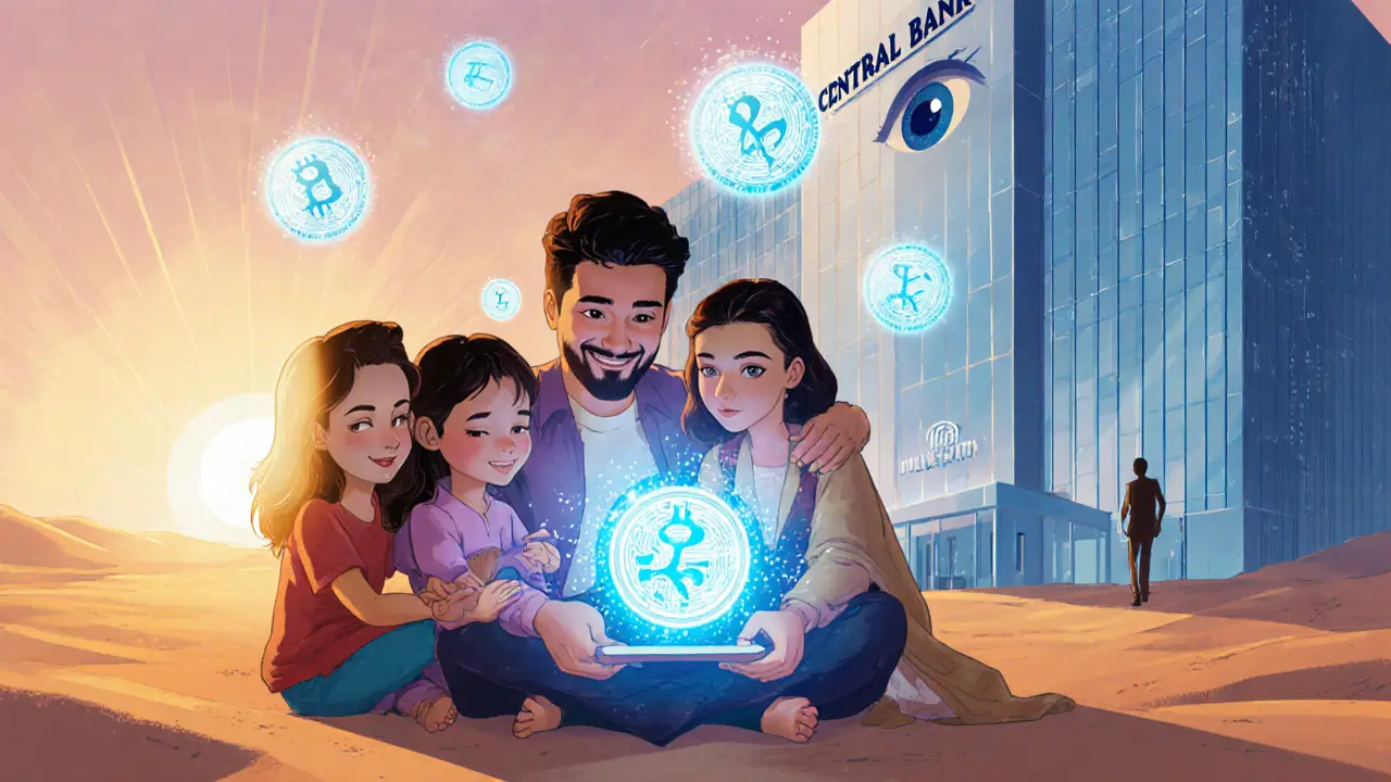 Family uses a tablet with digital dinar; CBDC symbol glows above a modern bank.