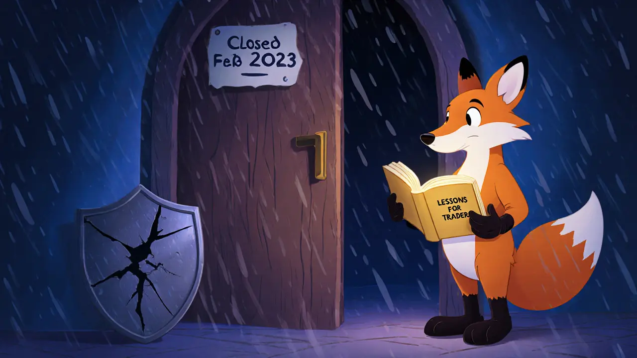 Fox mascot at a closed CoinDeal door with rain, a cracked shield, and an open book of trading lessons.