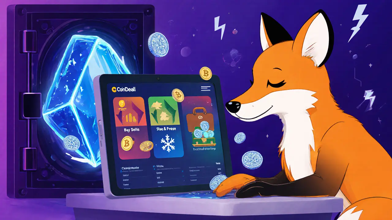 Fox mascot using a tablet showing CoinDeal dashboard icons for buying, staking, and OTC desk.