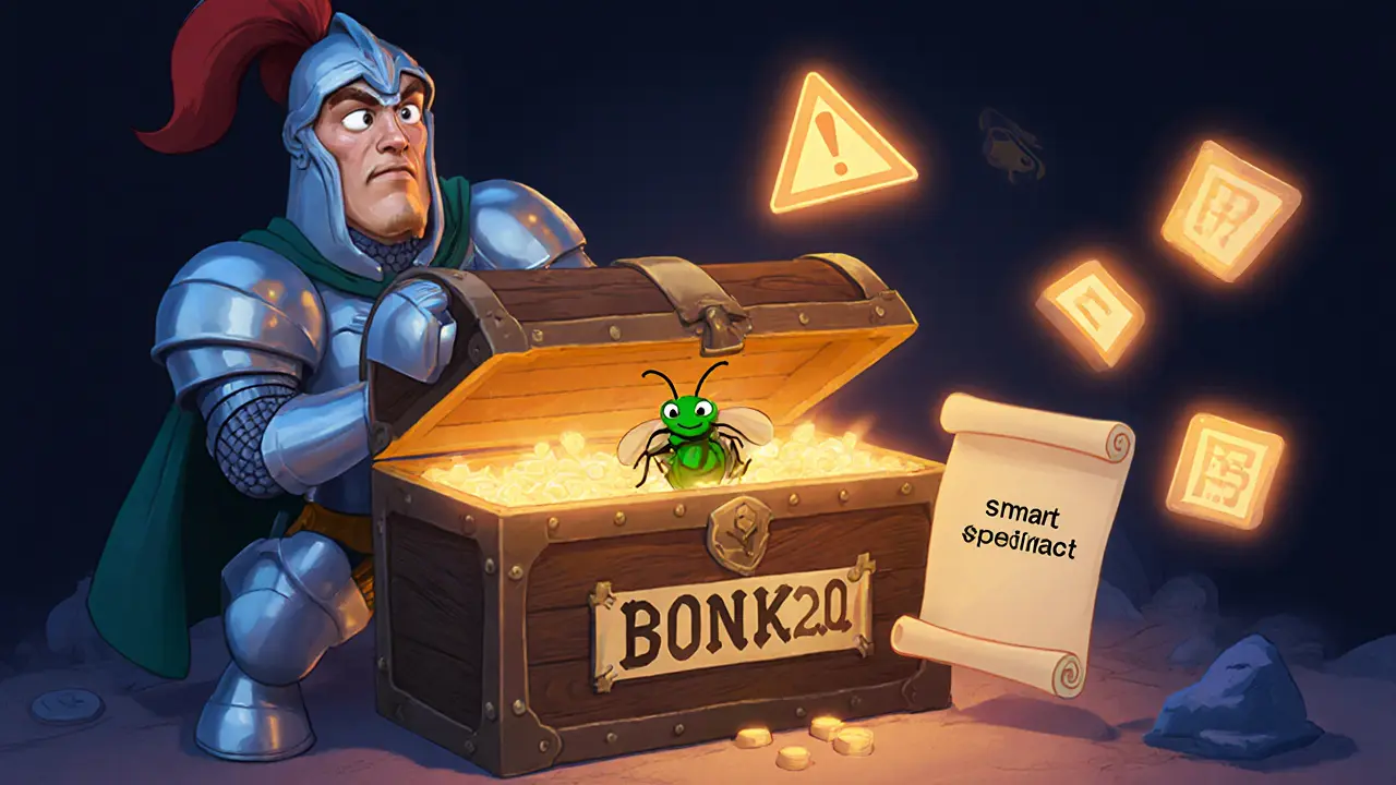 Knight guards a BONK2.0 treasure chest while a hero reads a contract scroll.