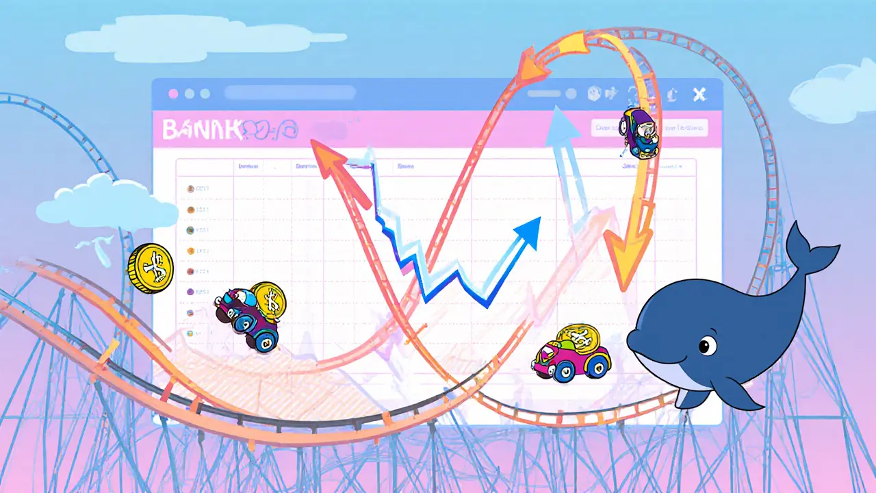 Roller‑coaster price chart with BONK2.0 coins and a whale causing swings.