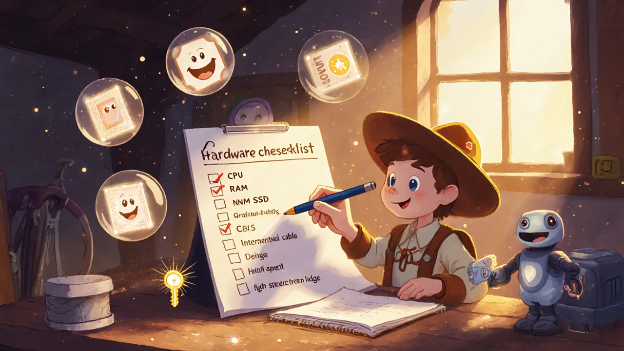 Young explorer checks off magical hardware items with smiling icons.