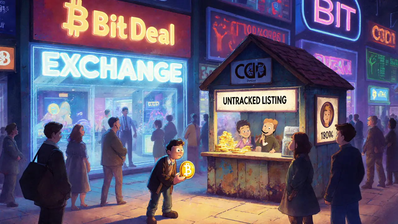 A faded CoinDeal booth ignored in a vibrant crypto marketplace while trusted exchanges glow brightly.