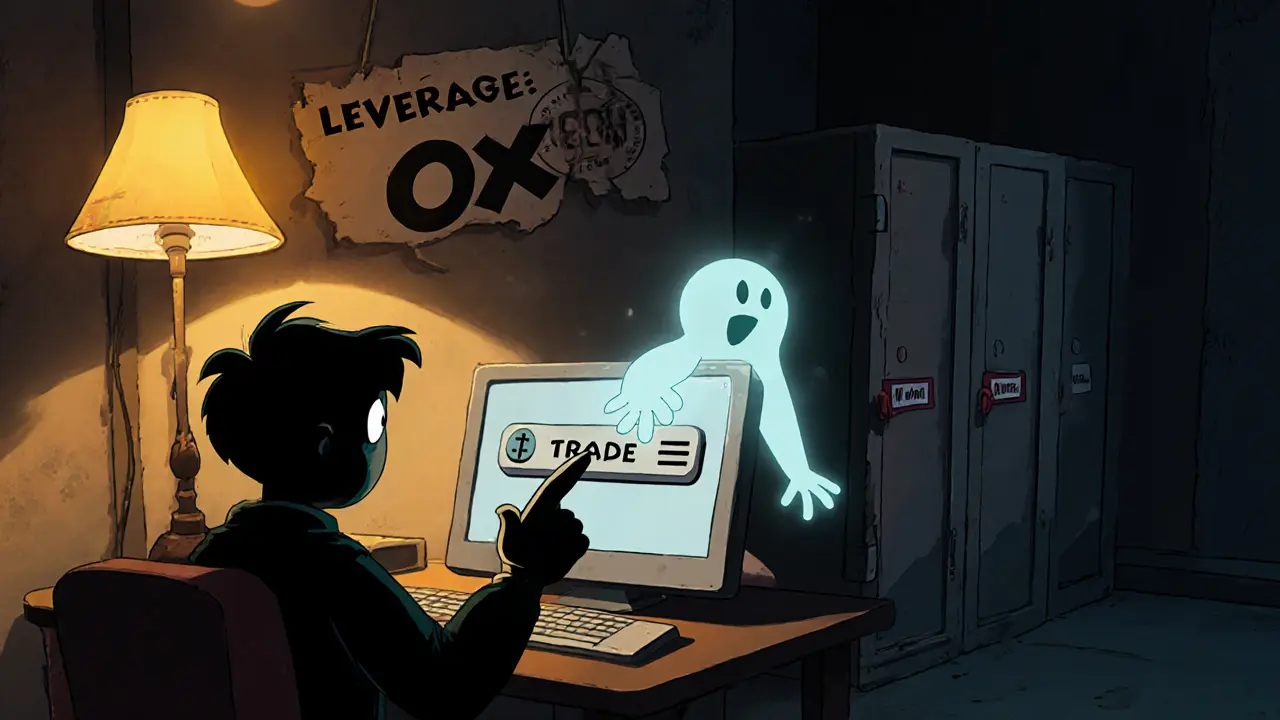 A user staring at a dim computer screen as a leveraged position disappears, with a broken &#039;0x&#039; sign above.