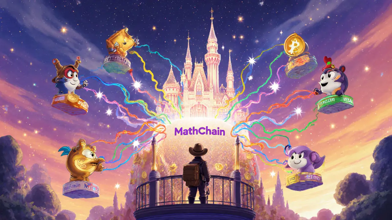 Animated blockchain mascots connecting via bridges around a radiant MathChain hub.