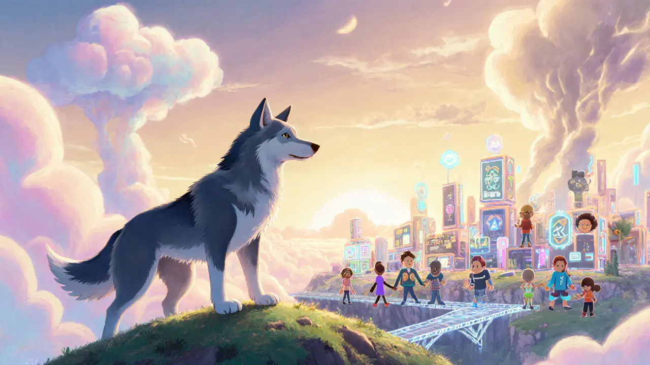 Cartoon wolf looks toward a bright future featuring a growing Base ecosystem and community.