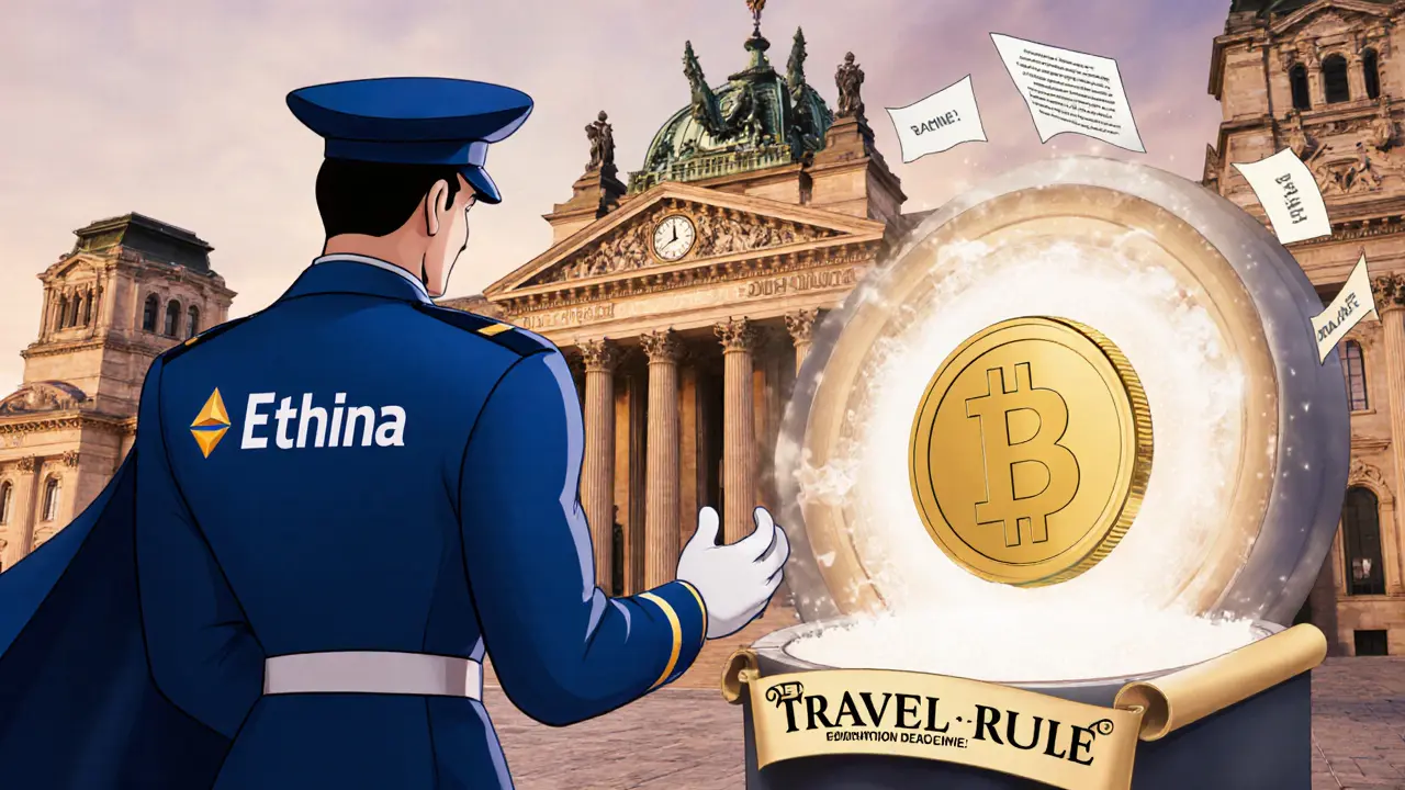 Disney style BaFin hero at courthouse overseeing Ethena stablecoin redemption and travel rule.