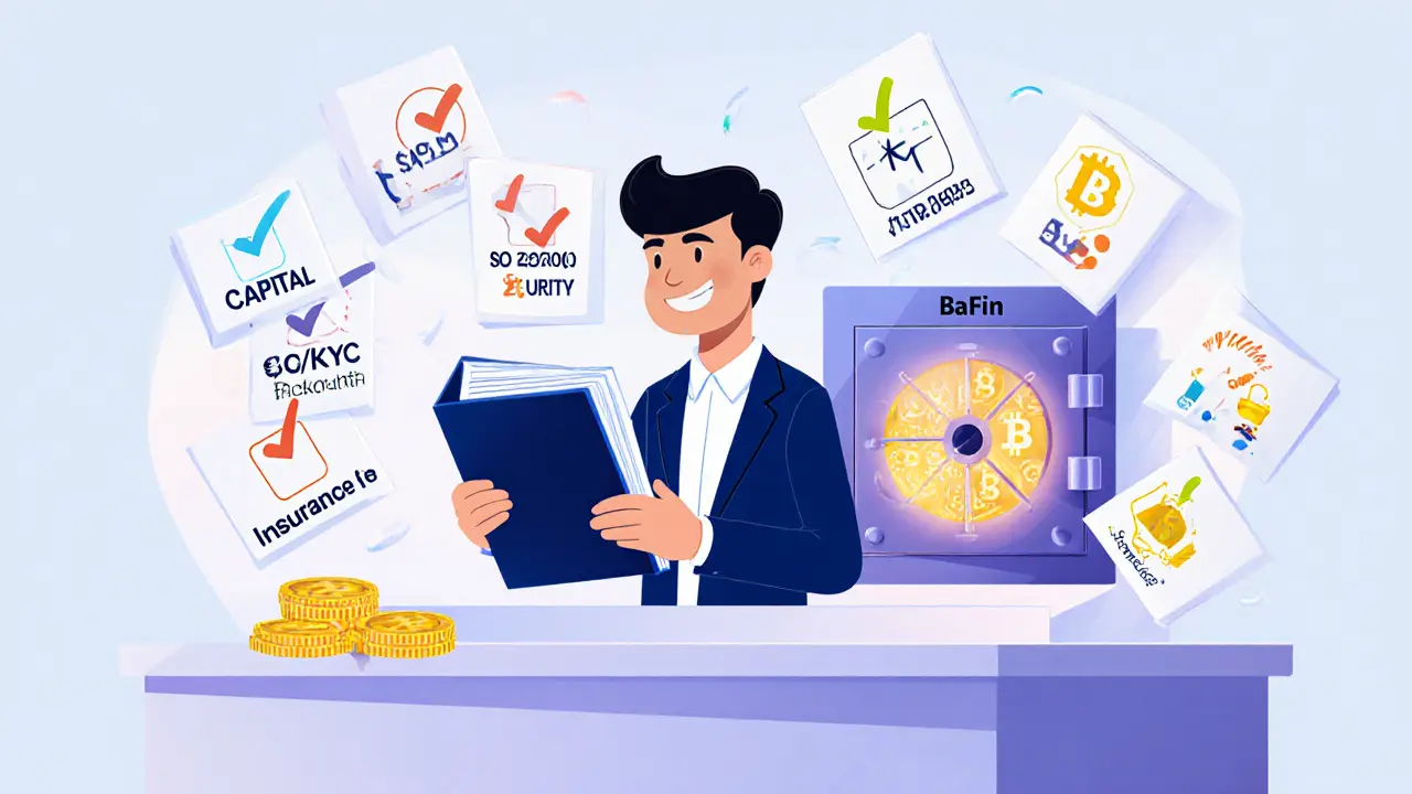 Disney style licensing checklist with founder, BaFin clerk, documents, and glowing crypto vault.