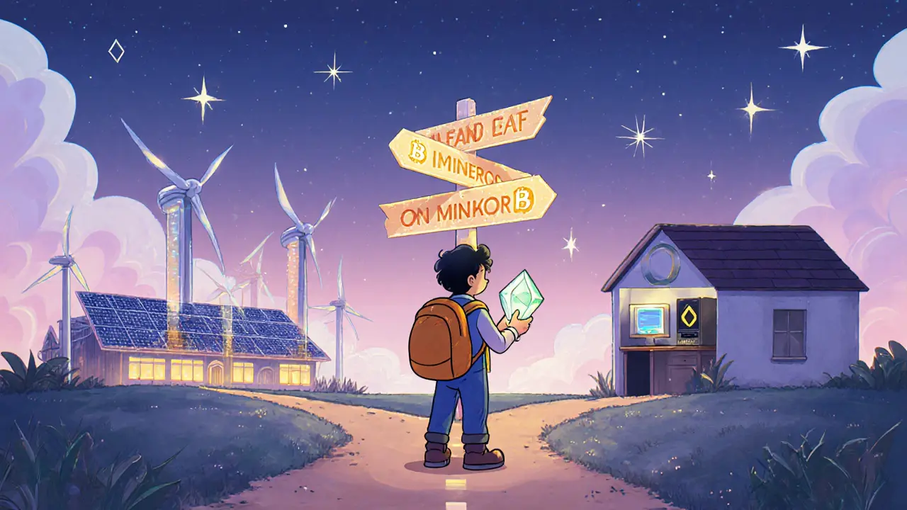 Disney‑style miner at crossroads choosing Bitcoin farm or home PC rig.