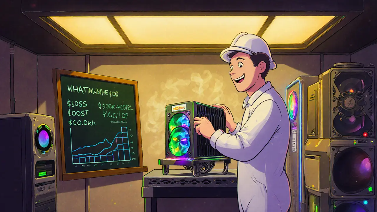 Disney‑style workshop showing Bitcoin ASIC and GPU rig with cost chalkboard.
