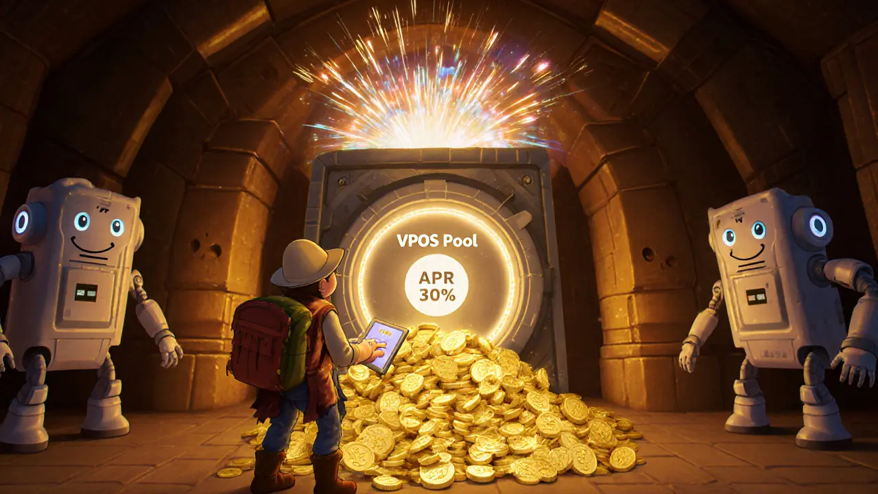 Explorer staking golden MATH tokens into a glowing vault with APR fireworks.