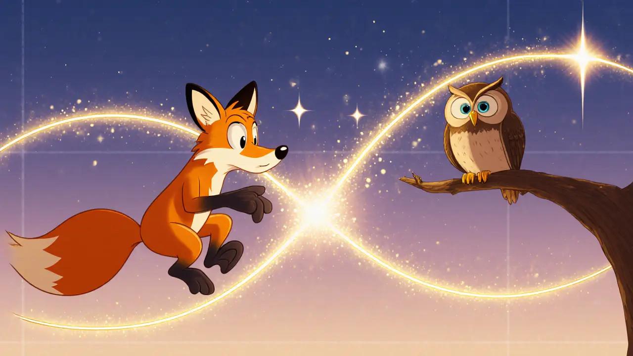 Fox EMA and owl SMA watch a golden cross on a glowing chart at twilight.