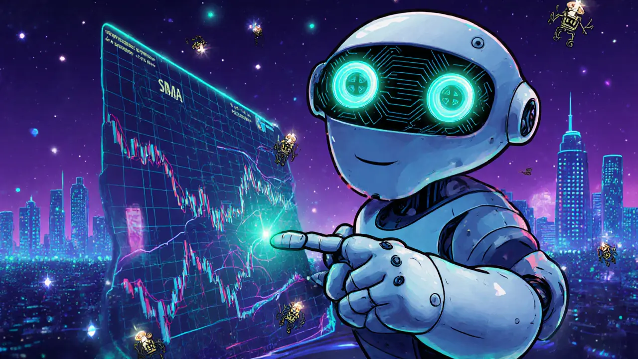Friendly AI robot points to aligned moving averages on a neon crypto chart.